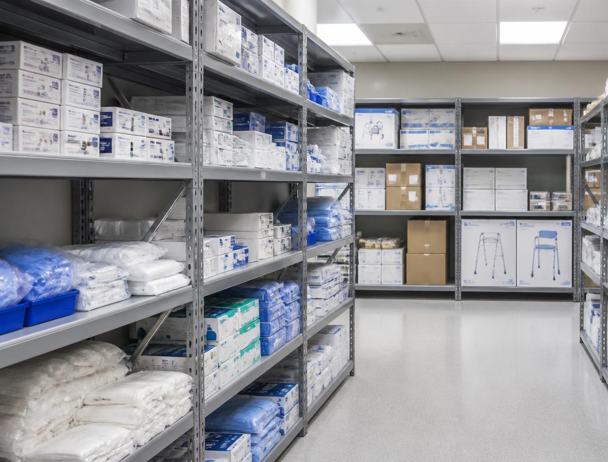 Organized shelving of medical supplies and home medical equipment